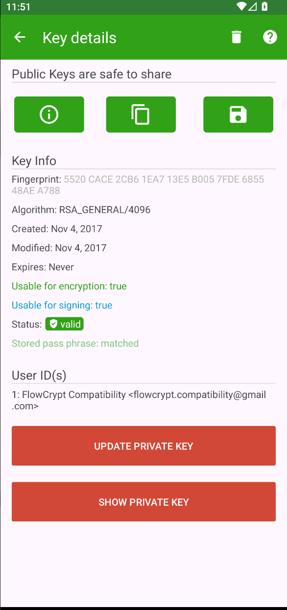 android showcase account key details