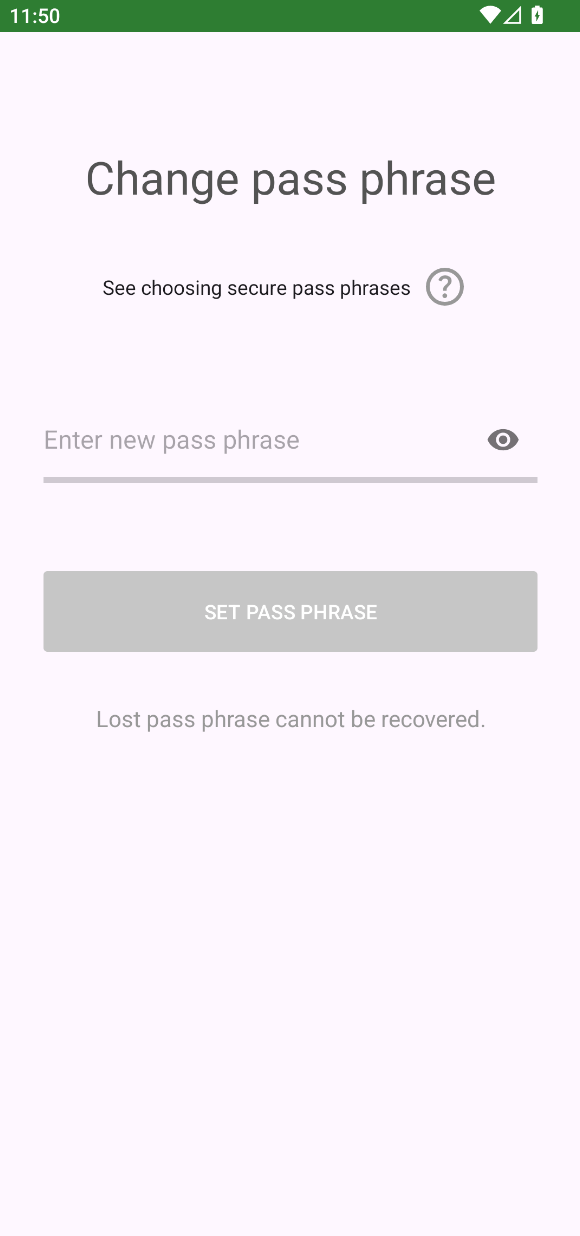 android showcase set new passphrase