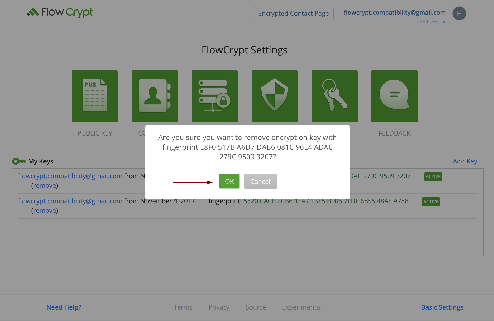 browser removeprivatekey remove keys confirm