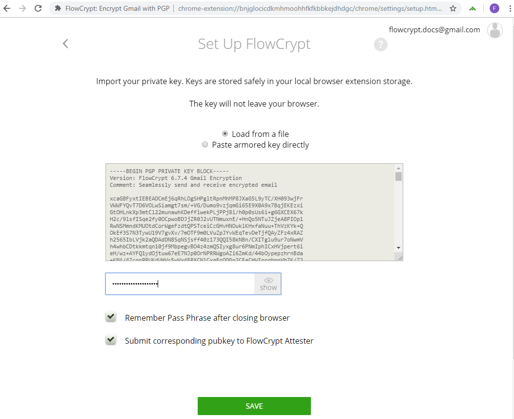 browser settingupFCwithprivatekey privatekey