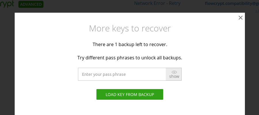 browser troubleshooting load private key from backup