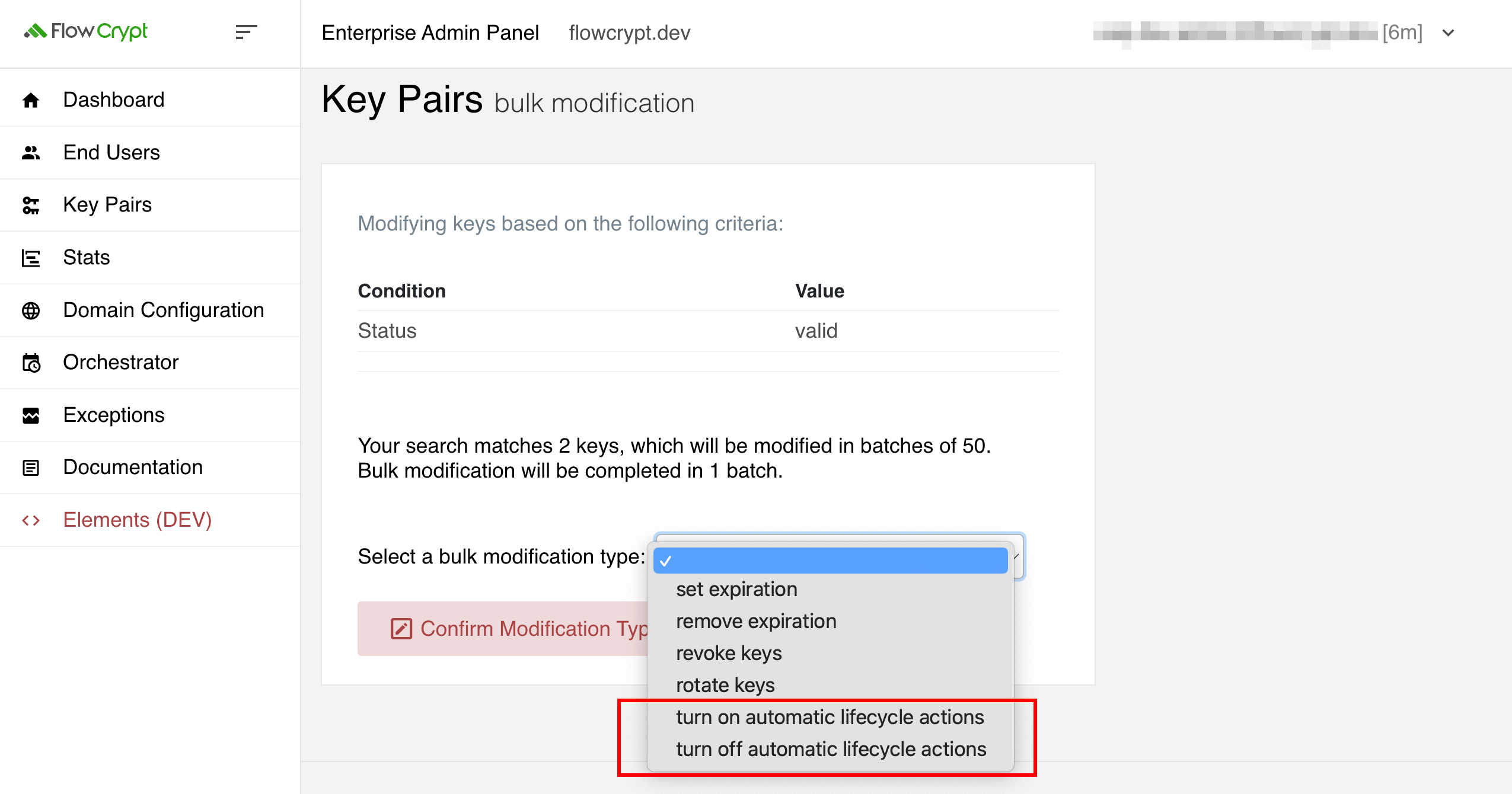 enterprise eap usage automatic key lifecycle rotation option in bulk modify