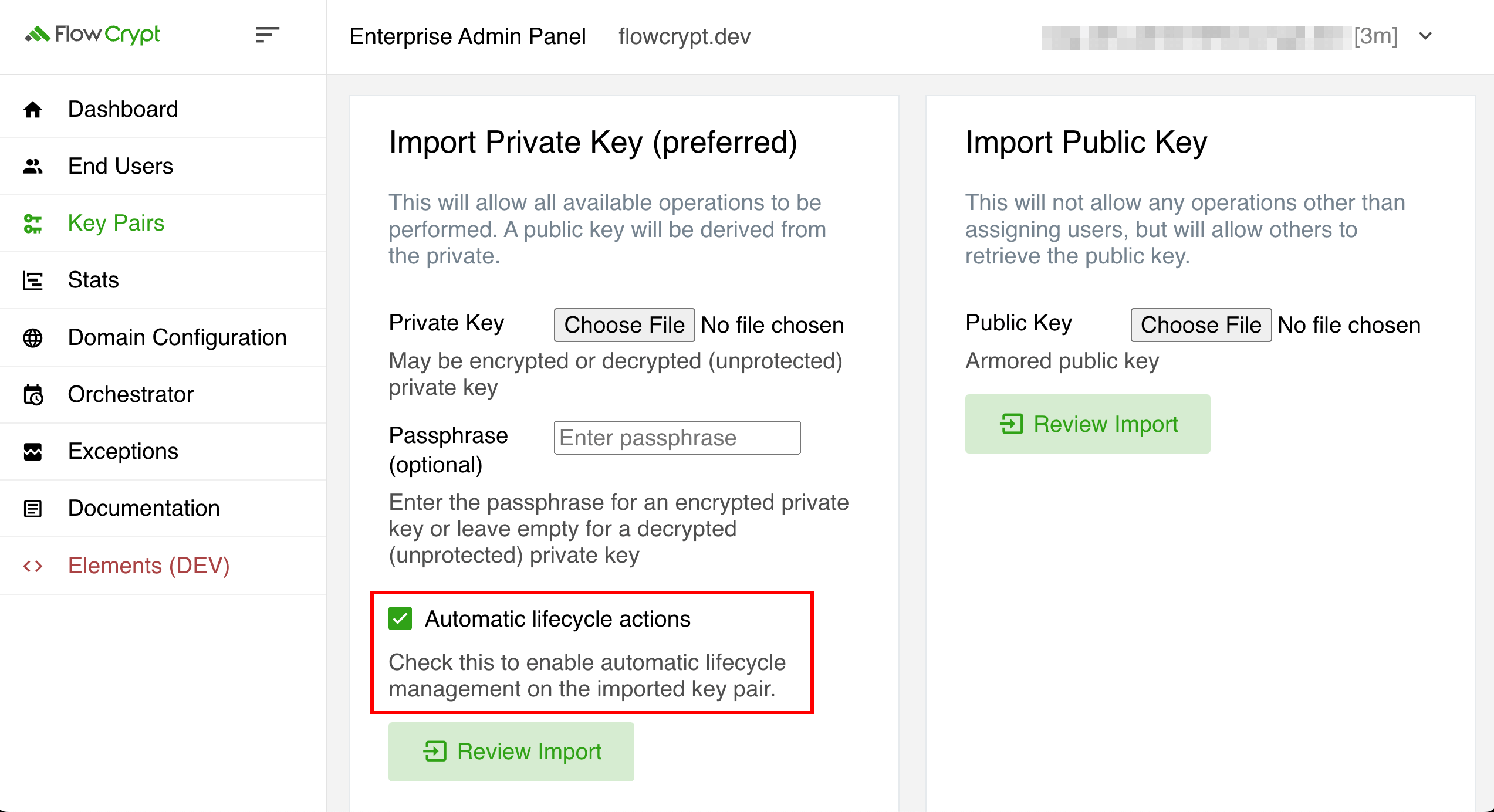 enterprise eap usage automatic key lifecycle rotation option in import private key