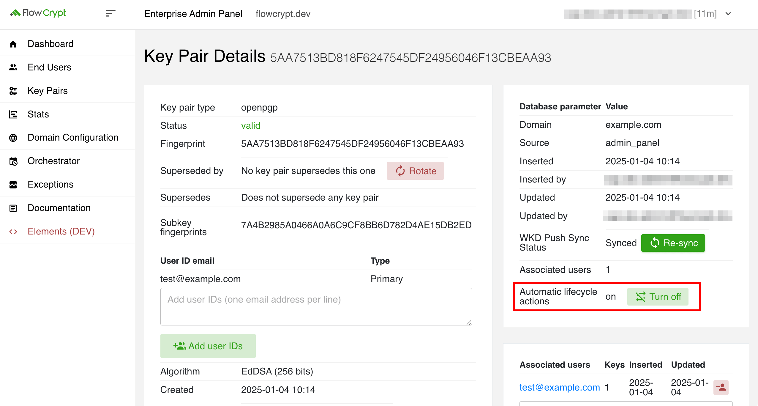 enterprise eap usage automatic key lifecycle rotation option in key pair details