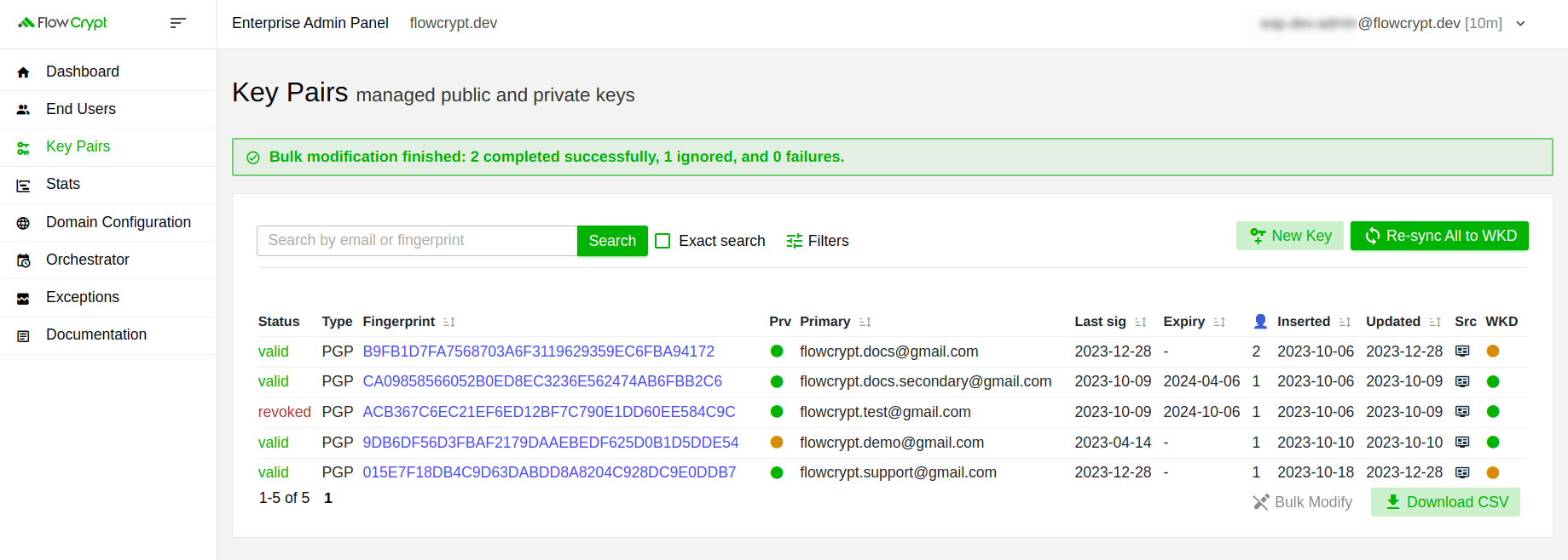 enterprise eap usage key pairs manage keys bulk modification of private keys bulk modification finished