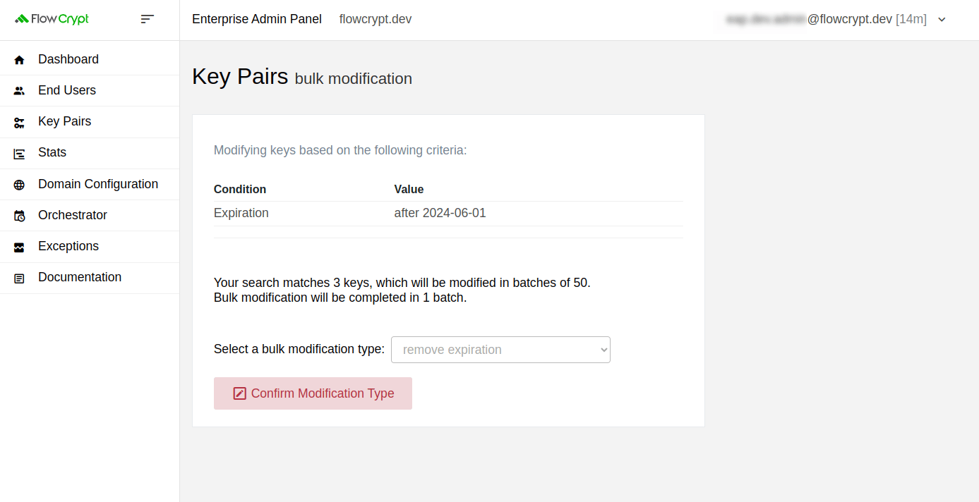 enterprise eap usage key pairs manage keys bulk modification of private keys confirm modification type