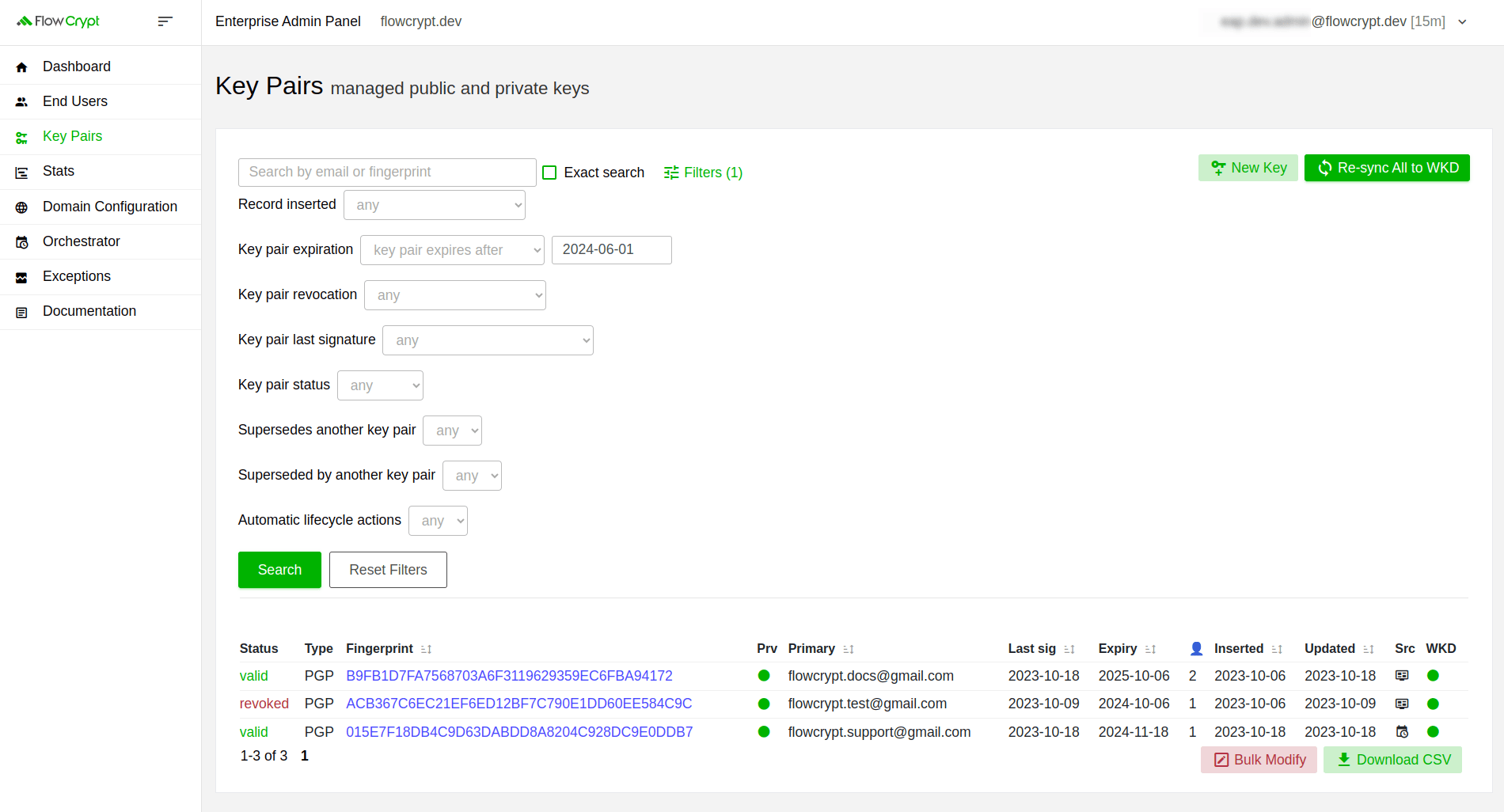 enterprise eap usage key pairs manage keys bulk modification of private keys search result