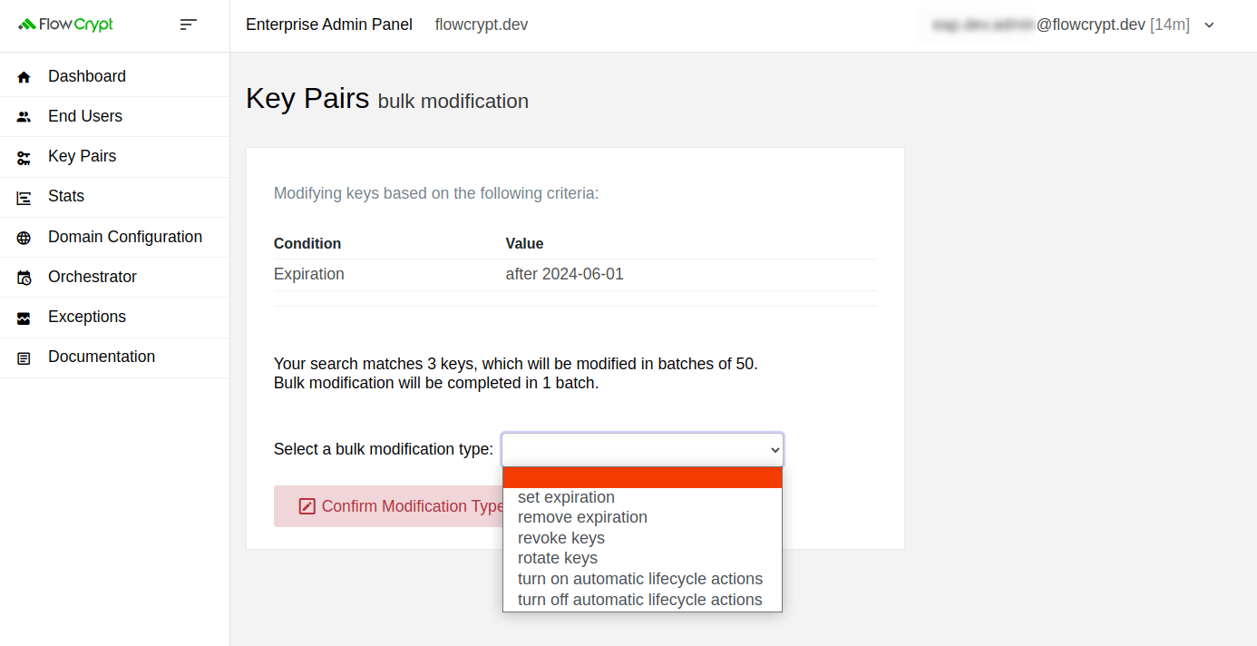 enterprise eap usage key pairs manage keys bulk modification of private keys select modification type