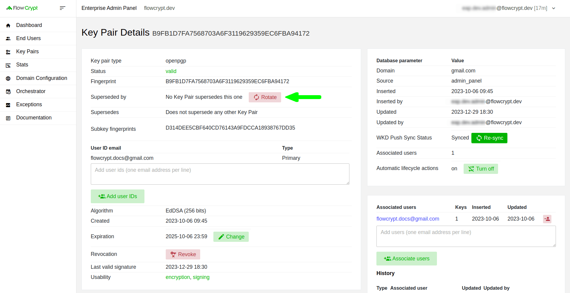 enterprise eap usage key pairs manage keys details key rotation how to rotate a key click rotate button