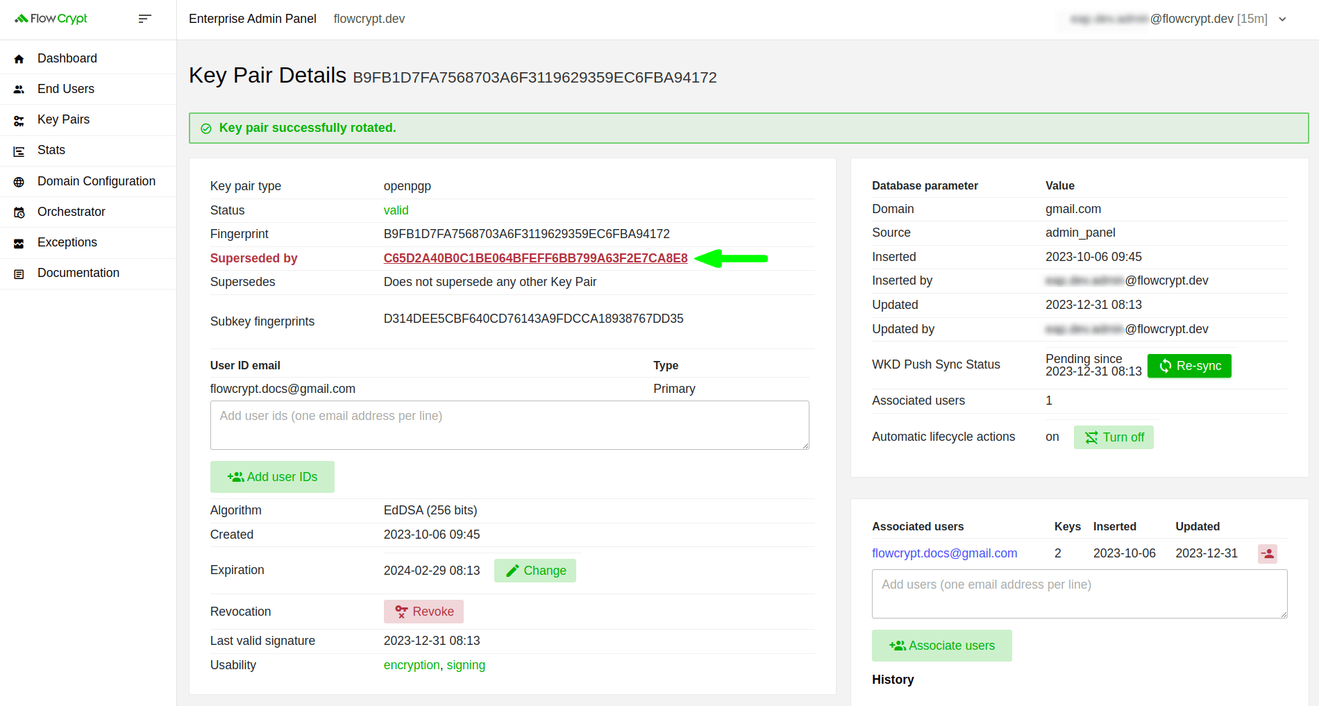 enterprise eap usage key pairs manage keys details key rotation how to rotate a key key pair successfully rotated