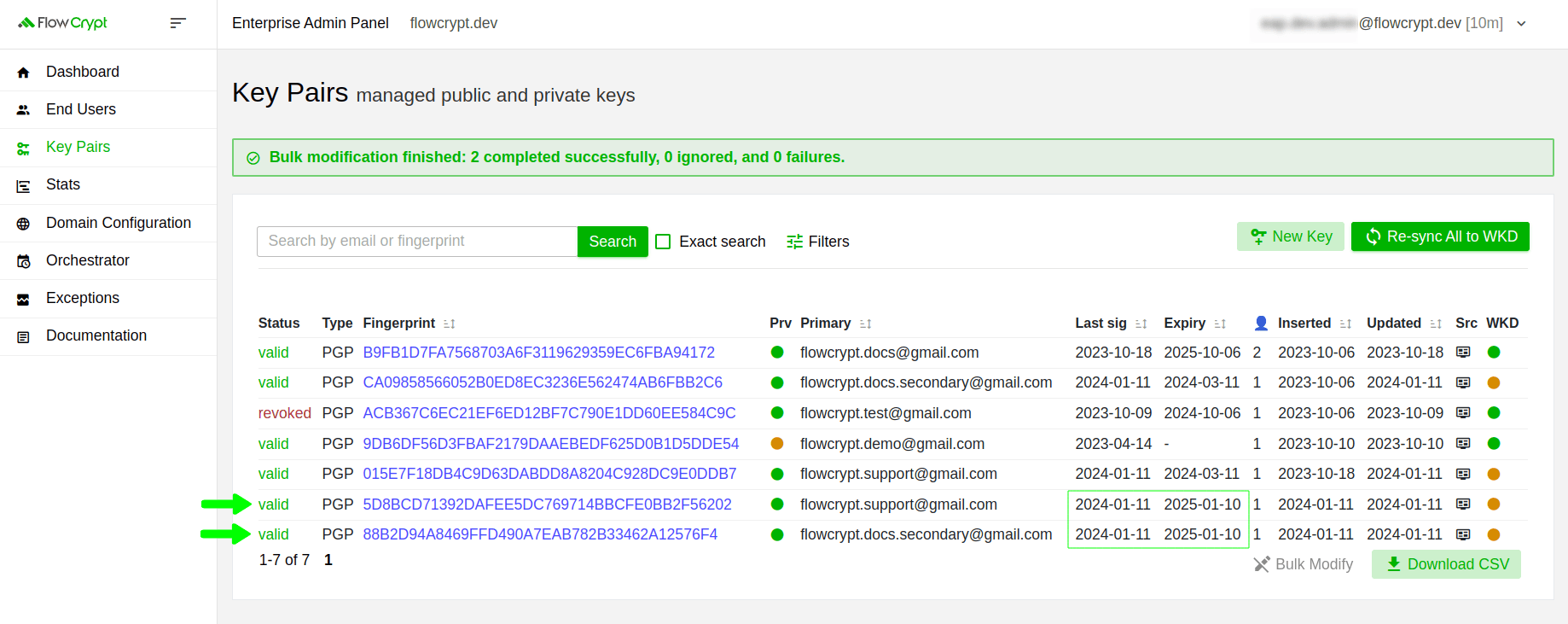 enterprise eap usage key pairs manage keys details key rotation rotating keys in bulk bulk modification finished