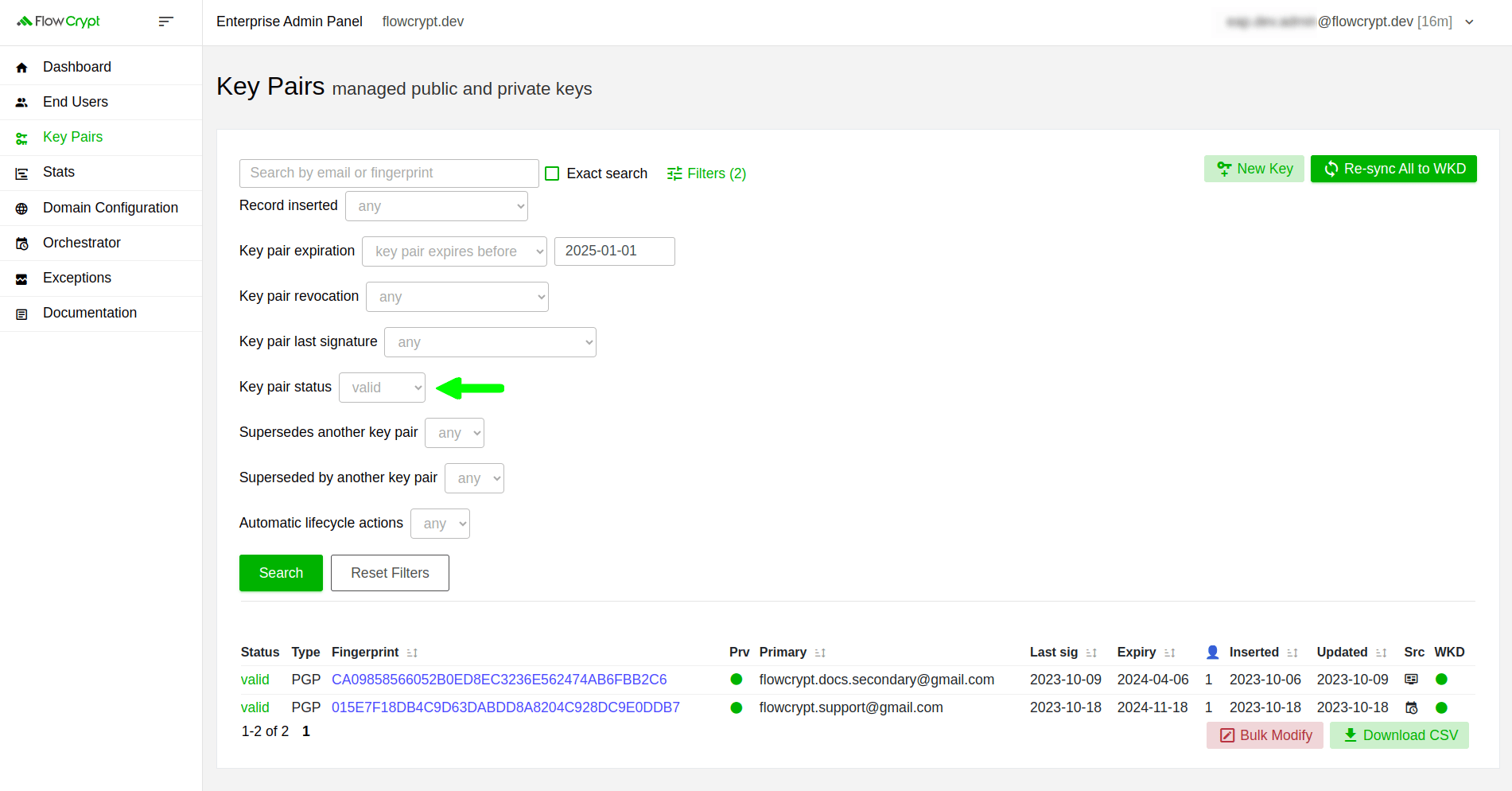 enterprise eap usage key pairs manage keys details key rotation rotating keys in bulk filtered key pairs excluding revoked