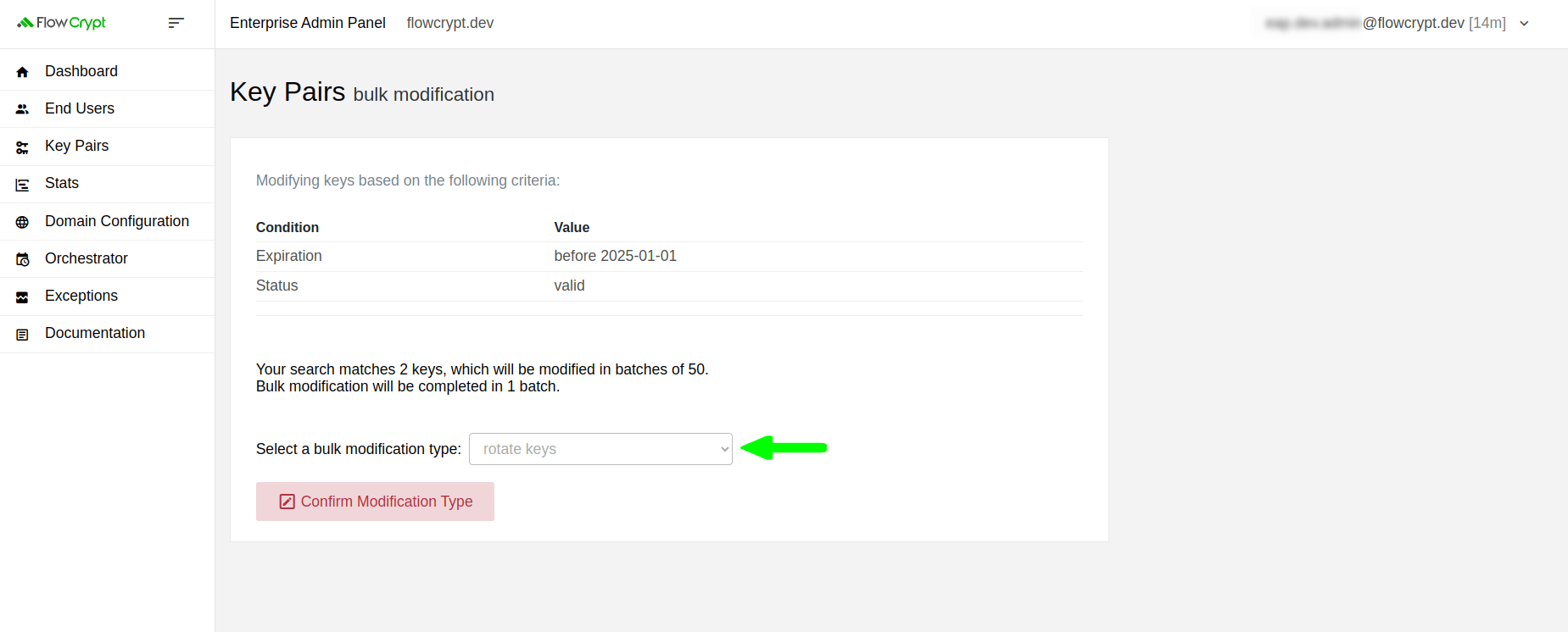 enterprise eap usage key pairs manage keys details key rotation rotating keys in bulk select modification type