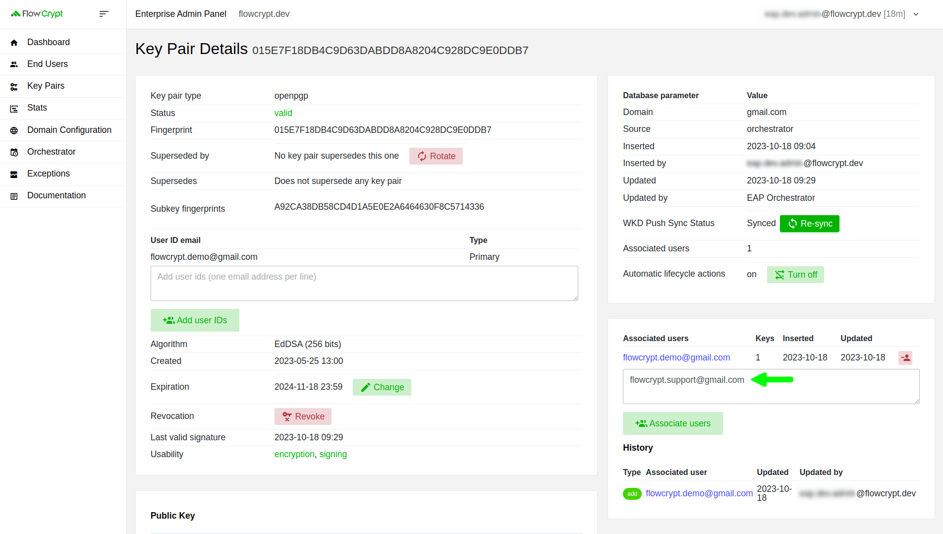 enterprise eap usage key pairs manage keys details manage associated users add add email