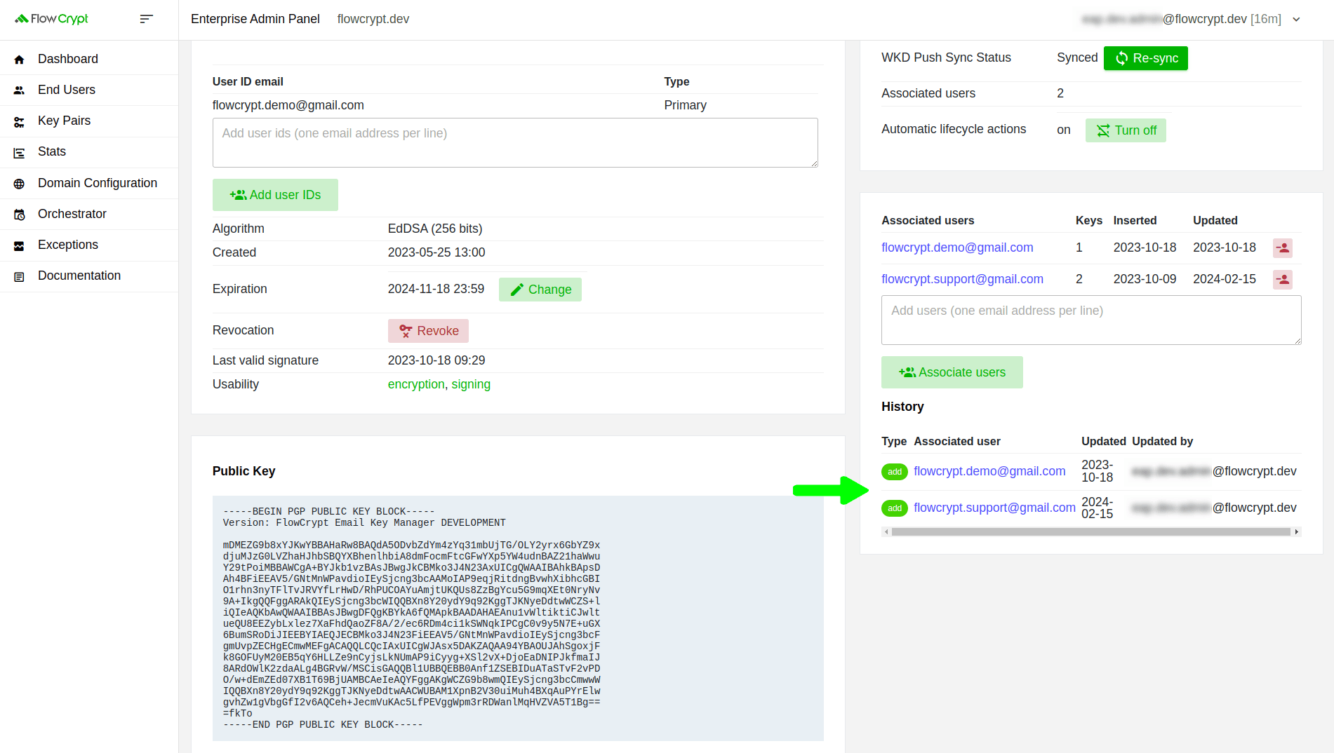 enterprise eap usage key pairs manage keys details manage associated users add associated user history