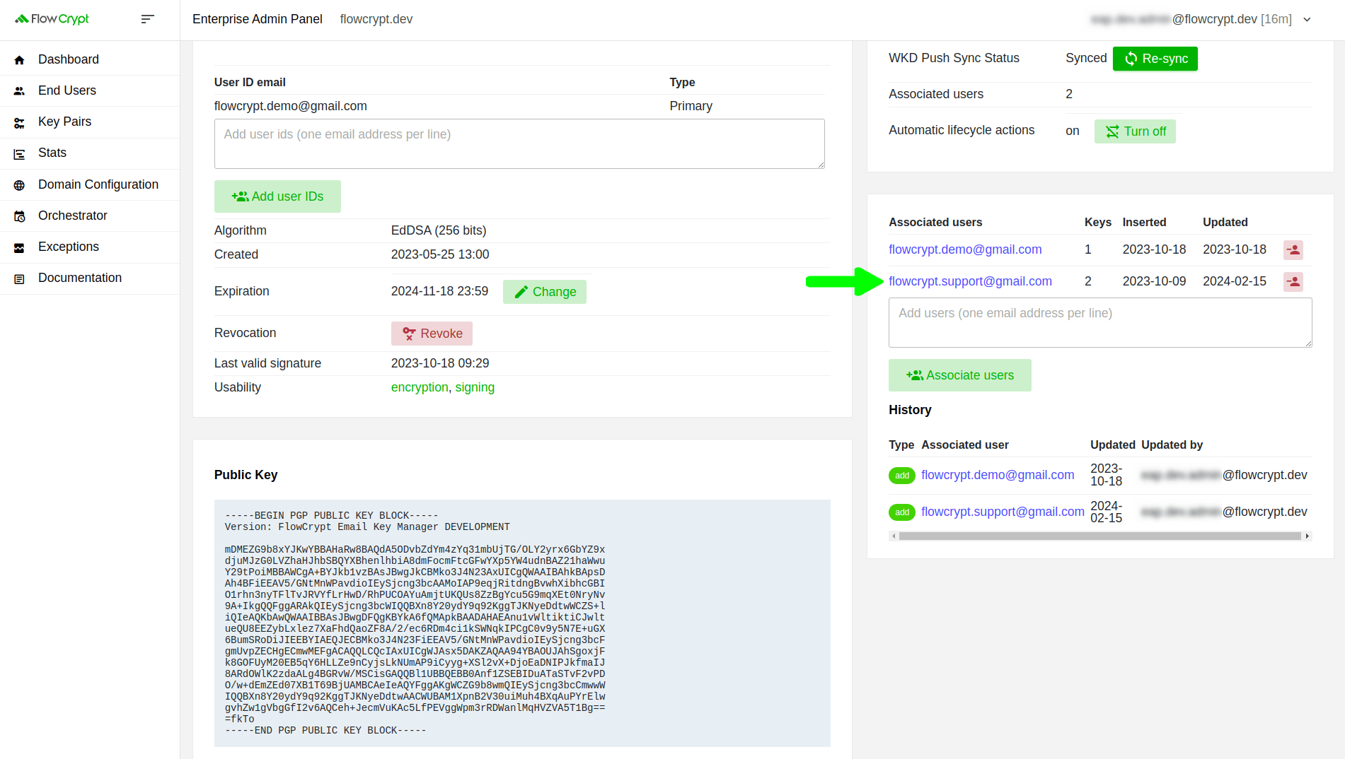 enterprise eap usage key pairs manage keys details manage associated users add associated users successfully updated