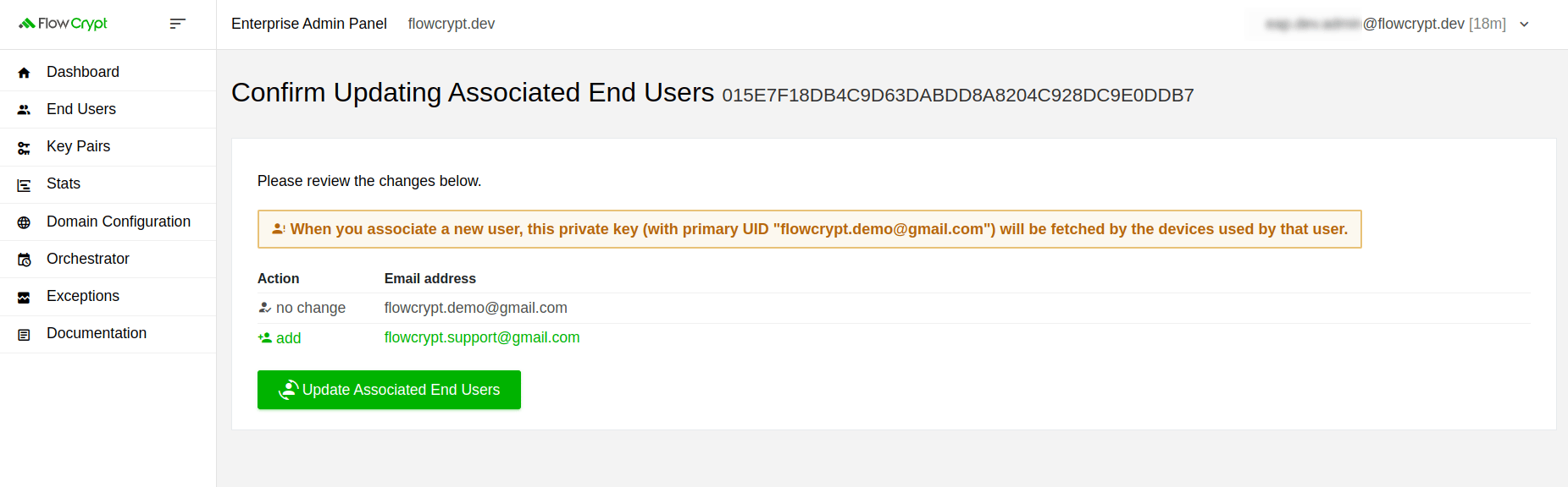 enterprise eap usage key pairs manage keys details manage associated users add confirm updating associated end user