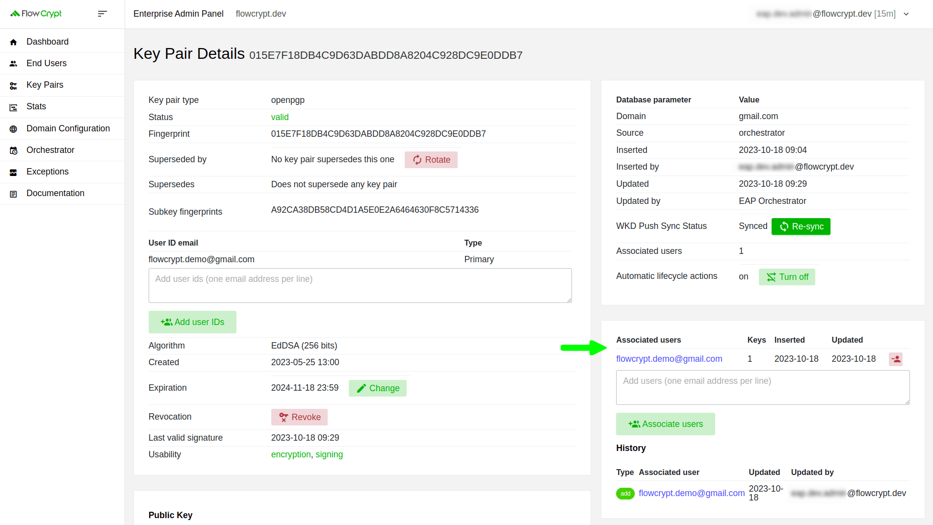 enterprise eap usage key pairs manage keys details manage associated users key pair details