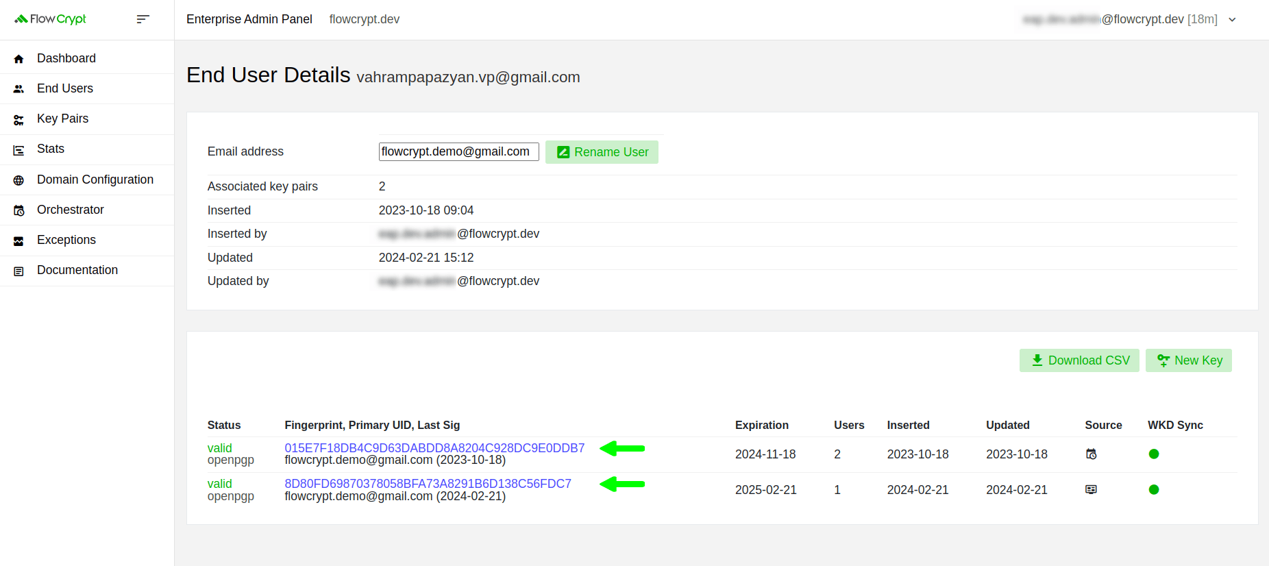 enterprise eap usage key pairs manage keys details manage associated users manage from end users end user keys