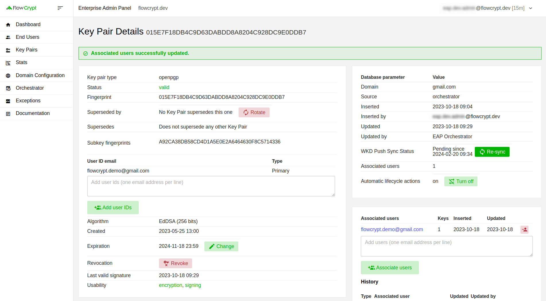 enterprise eap usage key pairs manage keys details manage associated users remove associated user successfully removed