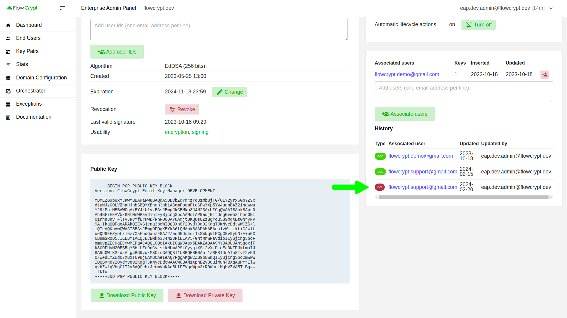 enterprise eap usage key pairs manage keys details manage associated users remove associated users history