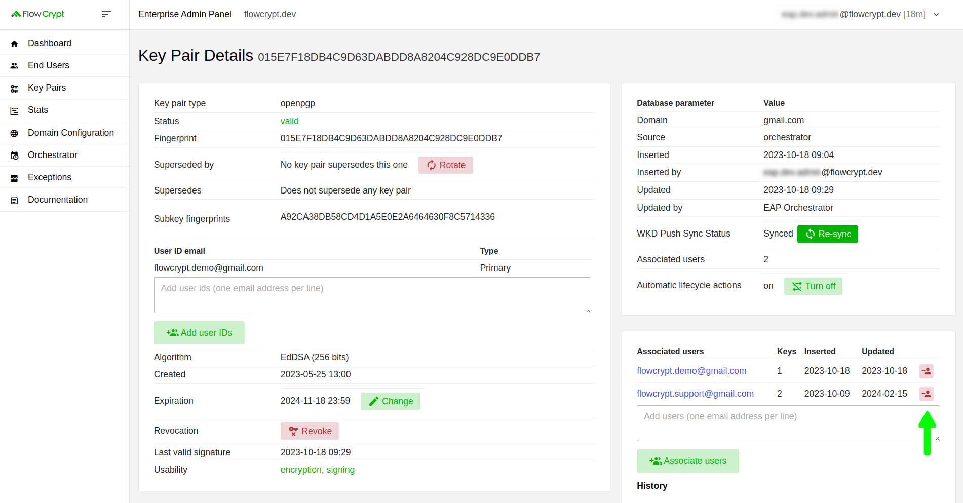 enterprise eap usage key pairs manage keys details manage associated users remove click disassociate end user