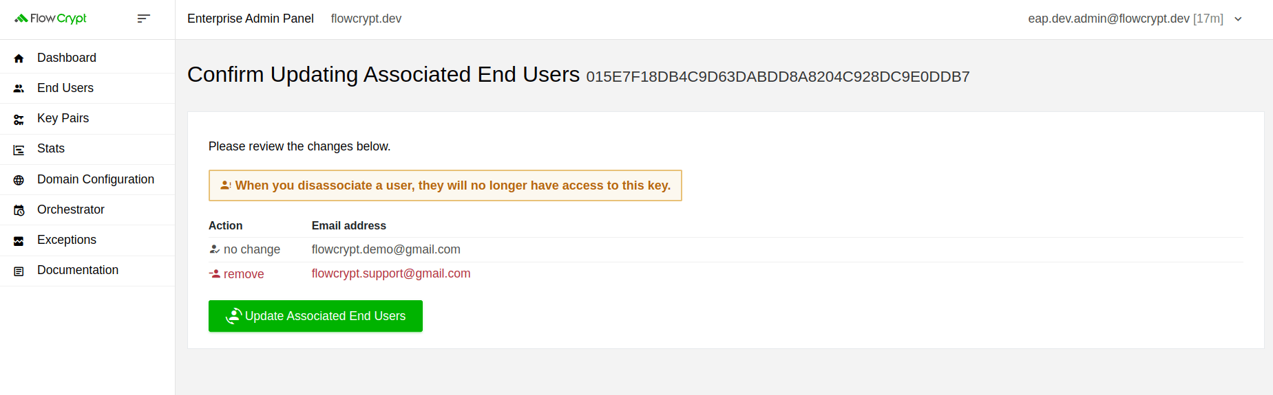 enterprise eap usage key pairs manage keys details manage associated users remove confirm disassociating end user