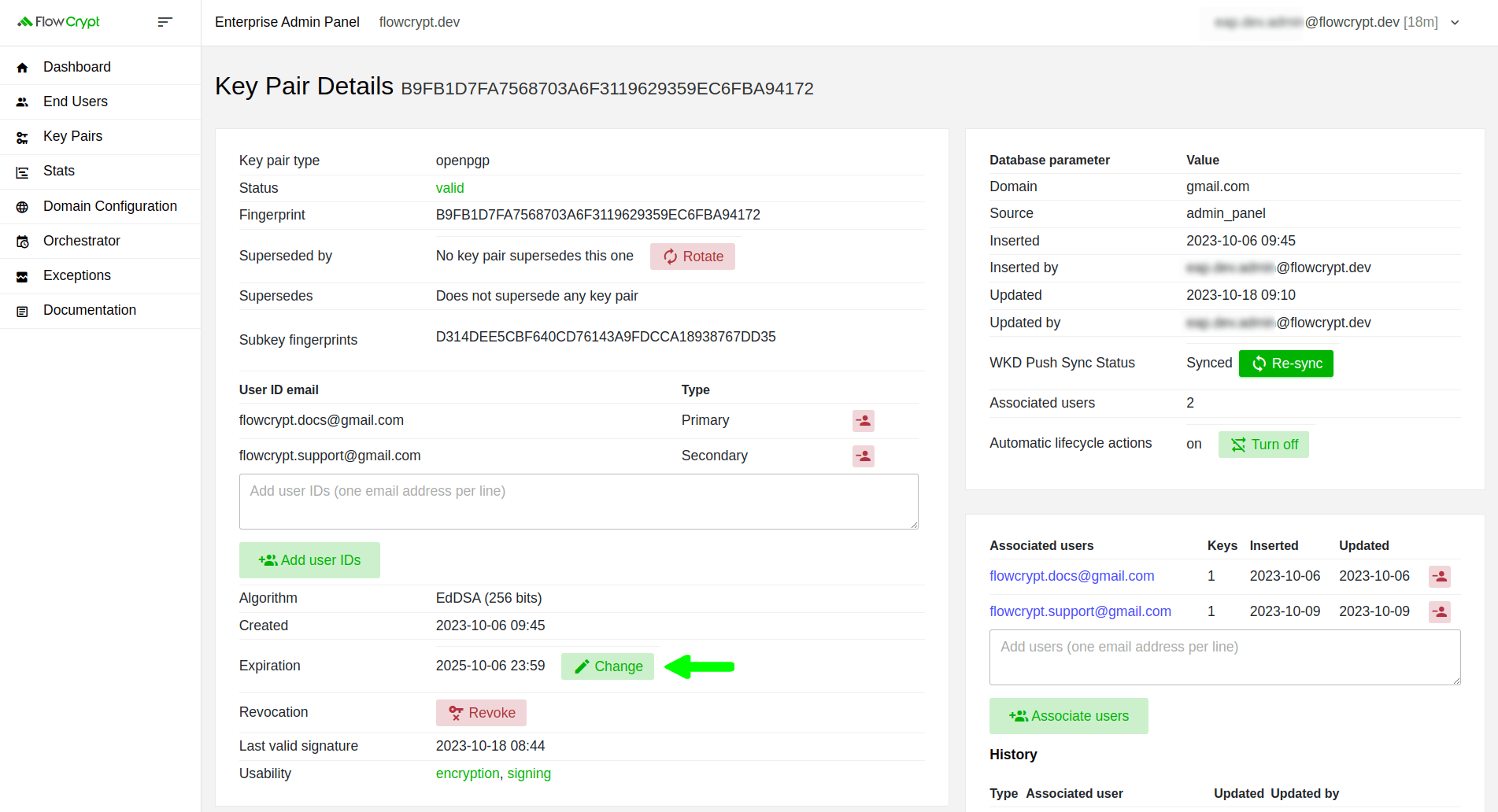 enterprise eap usage key pairs manage keys details manage key expiration click change button