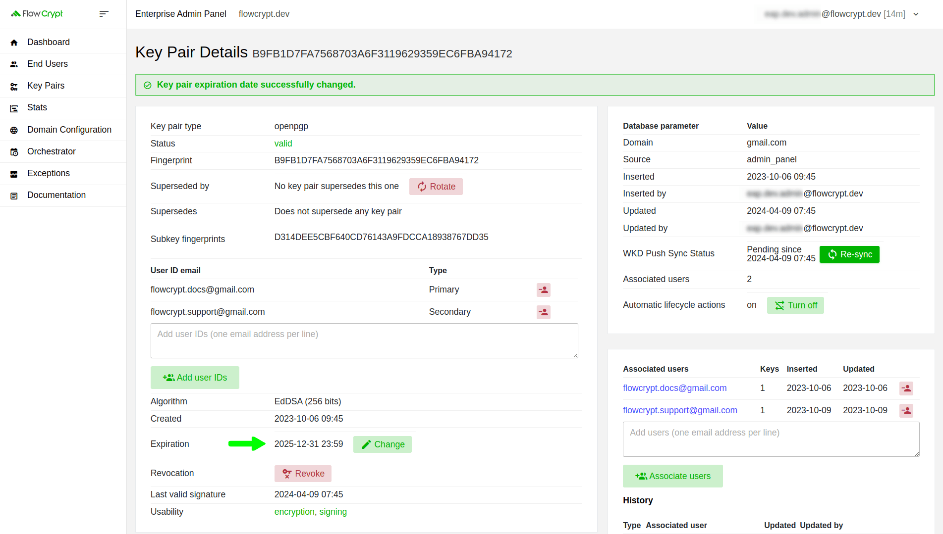 enterprise eap usage key pairs manage keys details manage key expiration key pair expiration changed successfully