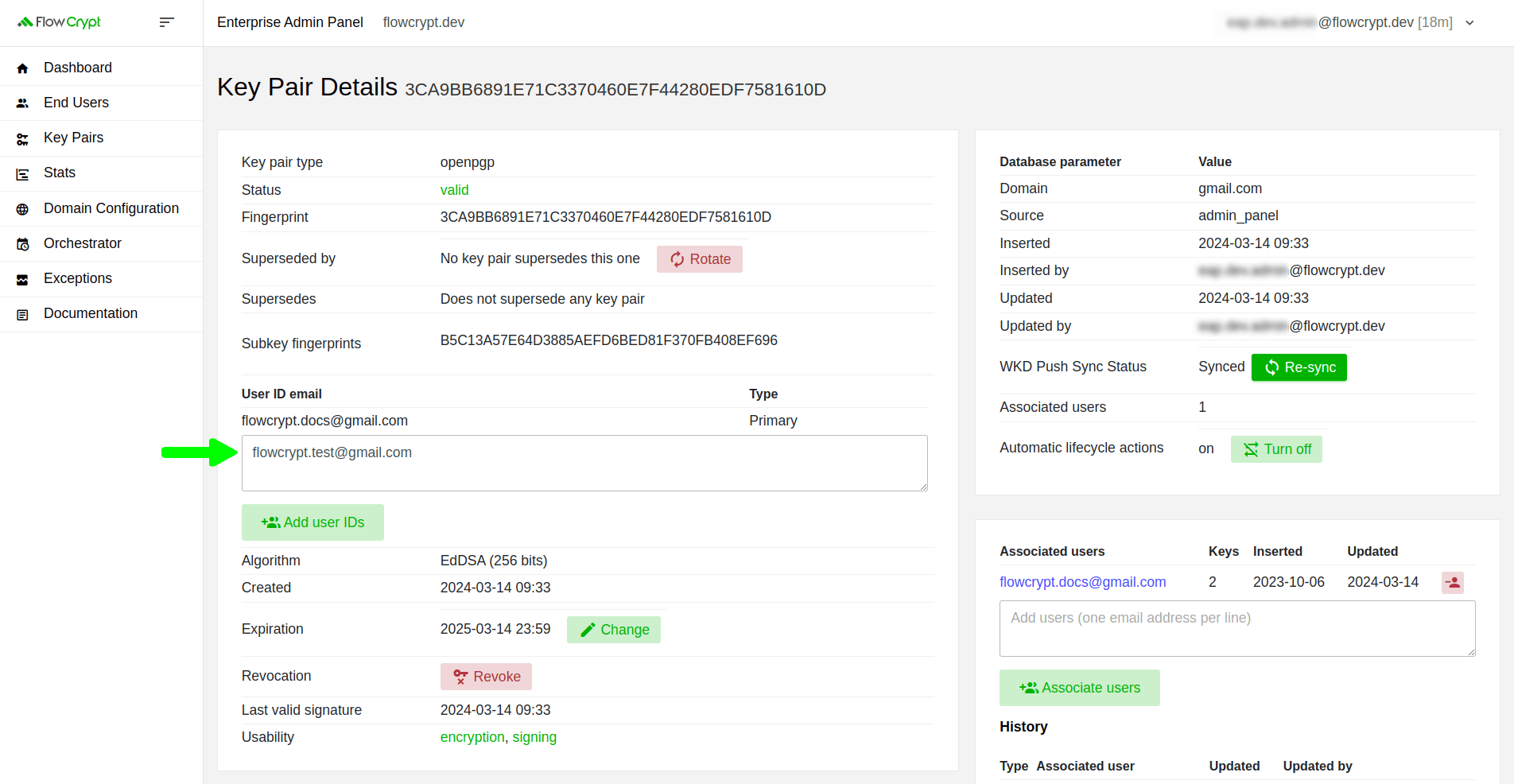 enterprise eap usage key pairs manage keys details manage user ids add add user id