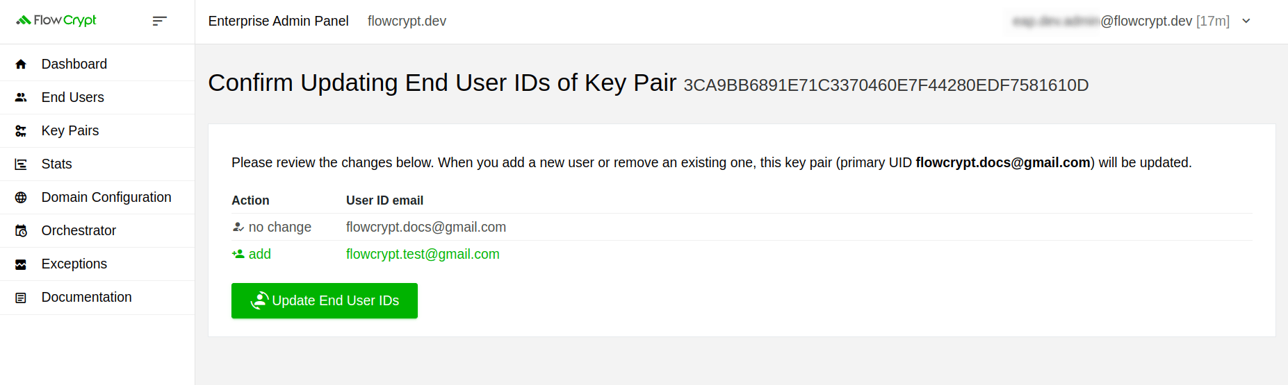 enterprise eap usage key pairs manage keys details manage user ids add confirm adding user id