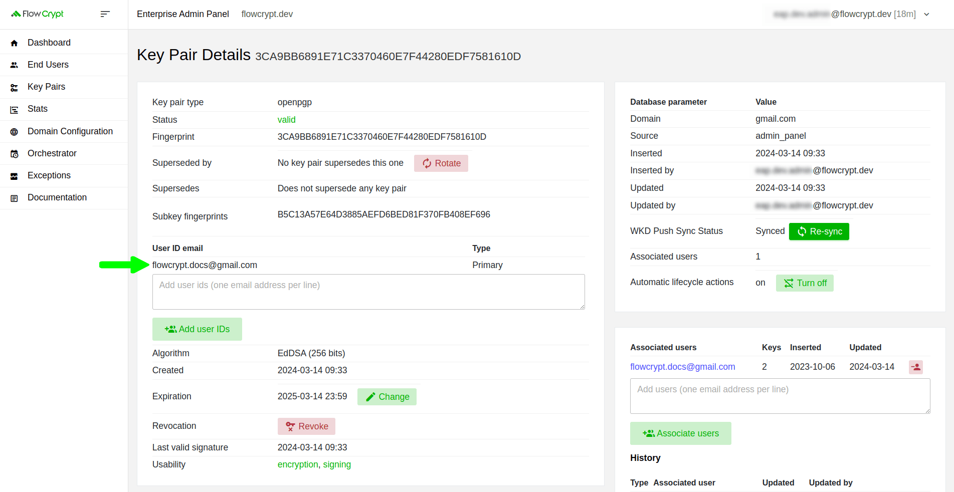 enterprise eap usage key pairs manage keys details manage user ids add primary user