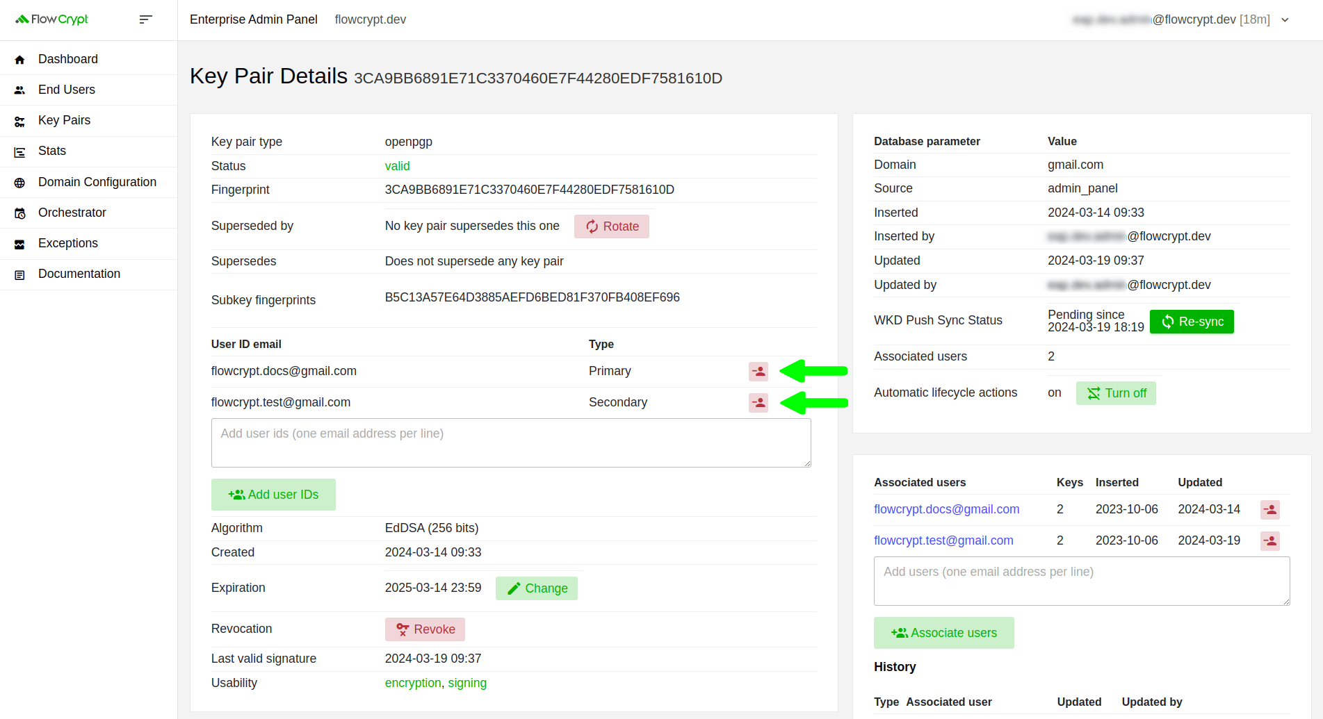 enterprise eap usage key pairs manage keys details manage user ids remove remove user id