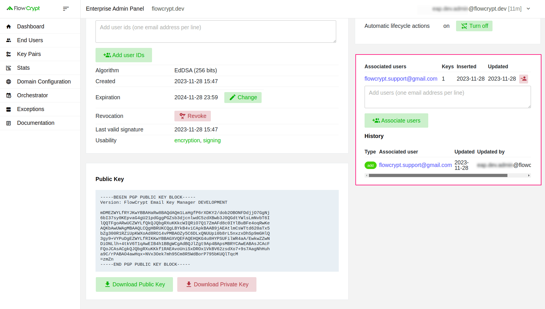 enterprise eap usage key pairs manage keys details overview associated users section