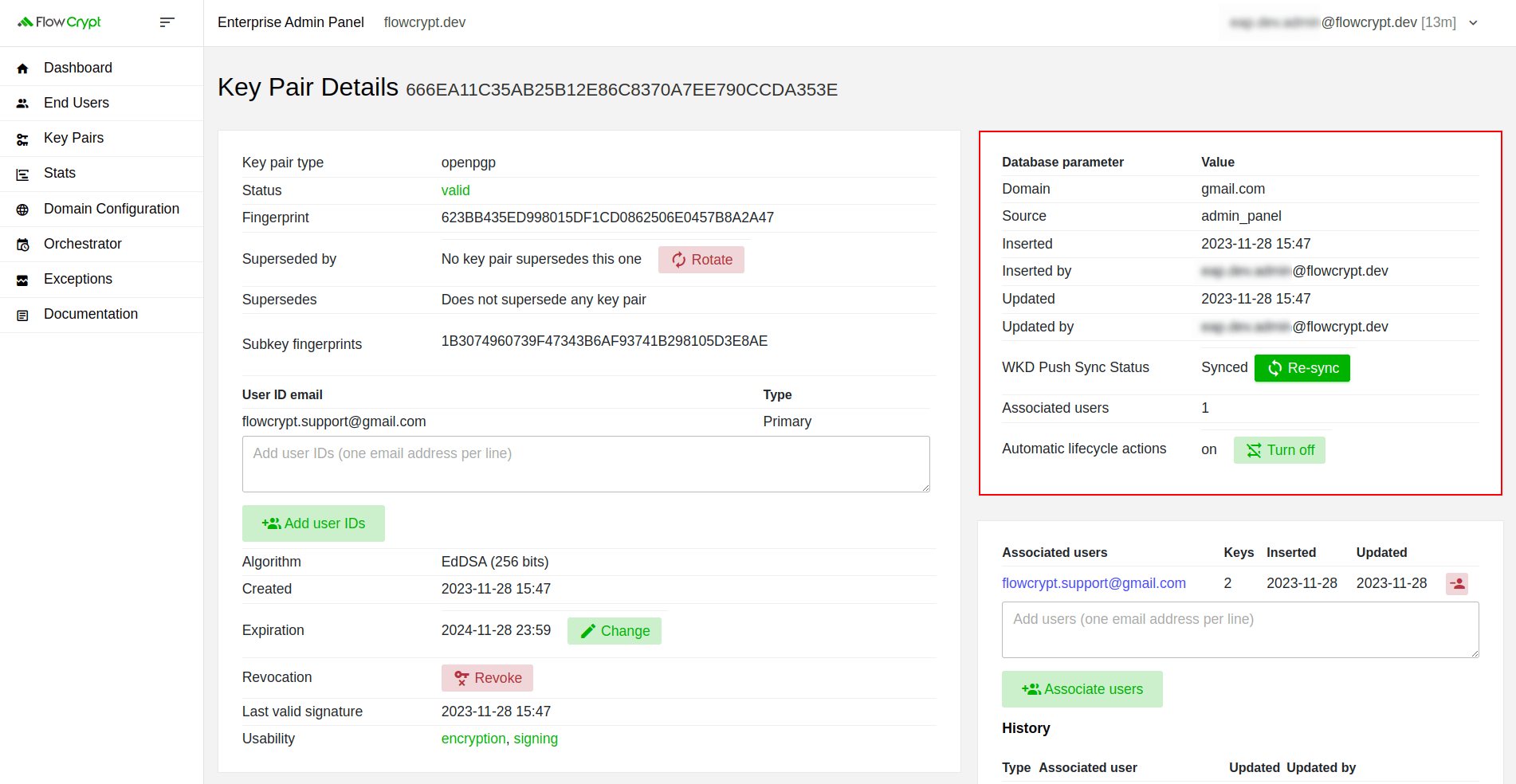 enterprise eap usage key pairs manage keys details overview database parameters section