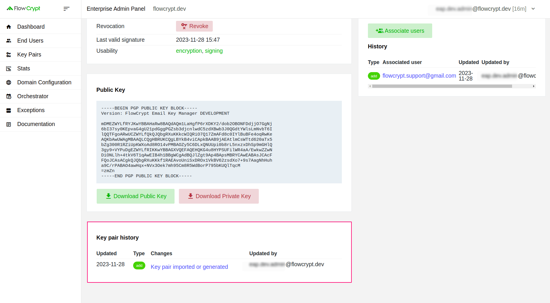 enterprise eap usage key pairs manage keys details overview key pair history section