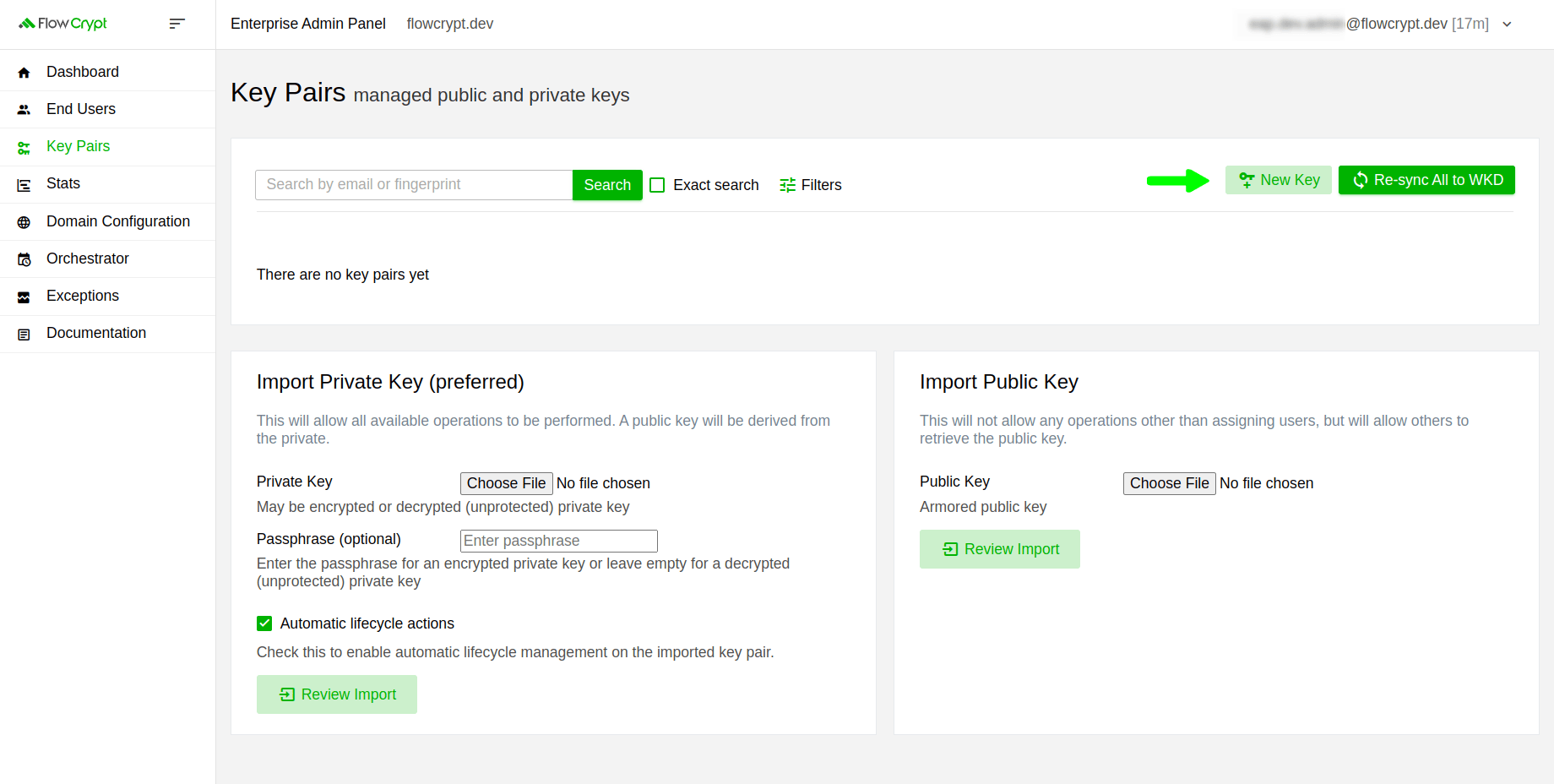 enterprise eap usage key pairs manage keys generate key pair new key button