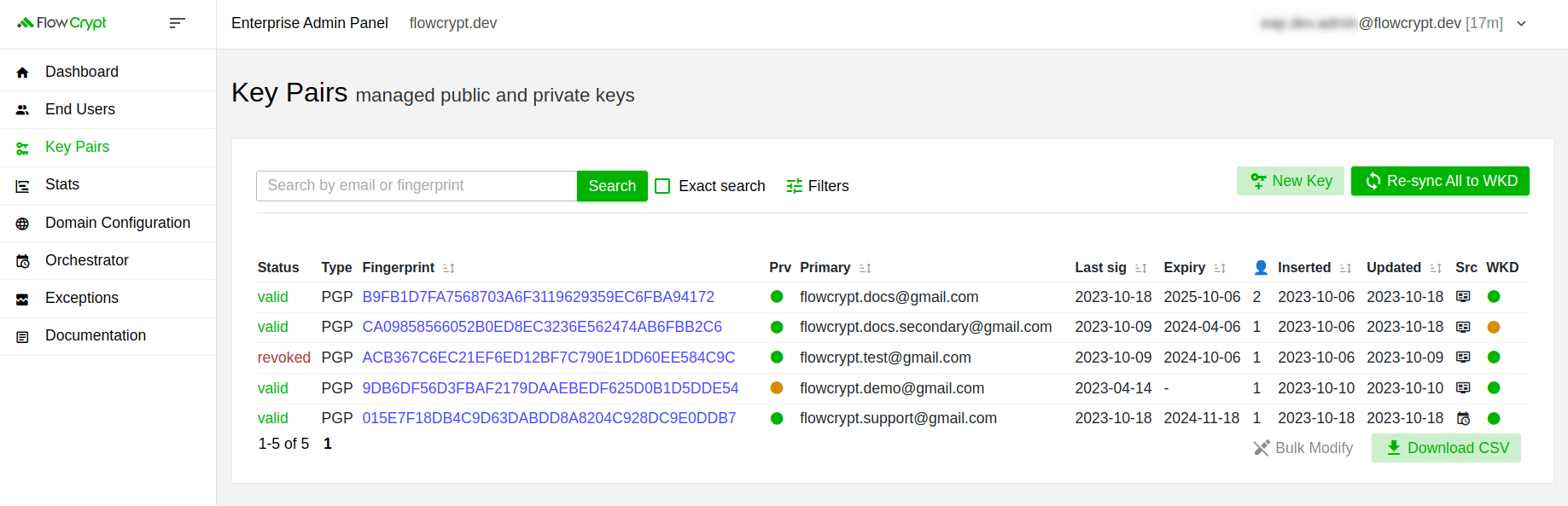 enterprise eap usage key pairs manage keys view the list of keys key list