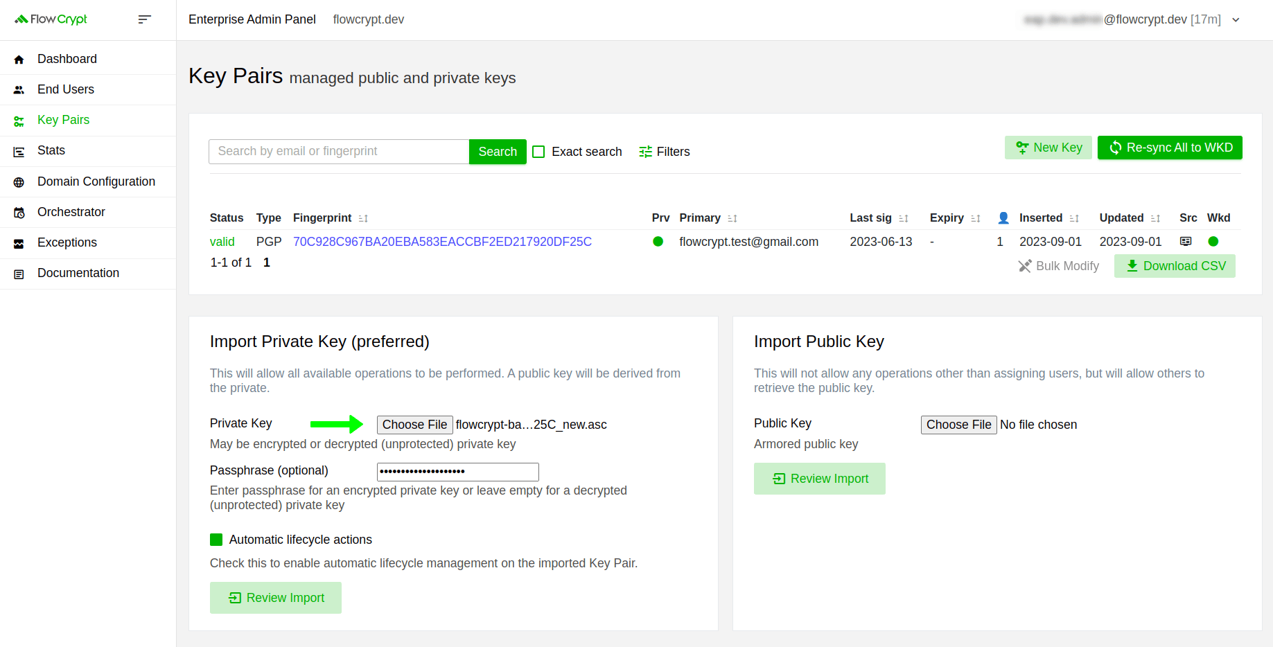 enterprise eap usage key pairs private key update import private key file