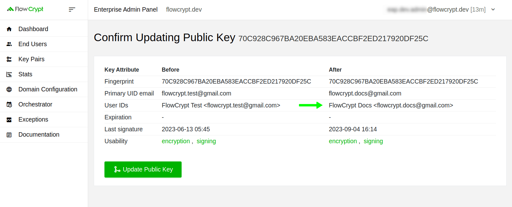 enterprise eap usage key pairs public key update confirm updating public key
