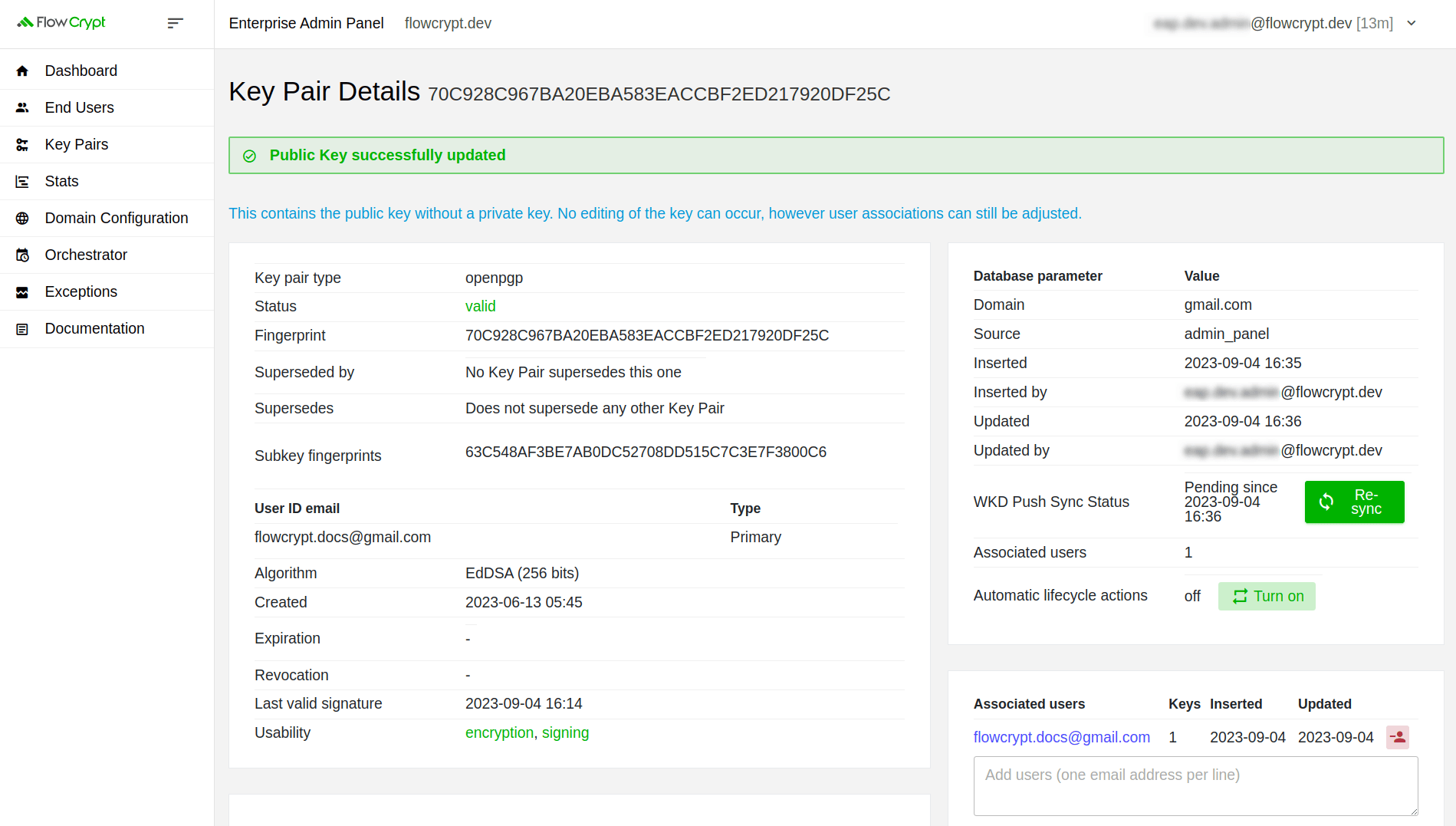 enterprise eap usage key pairs public key update public key successfully updated