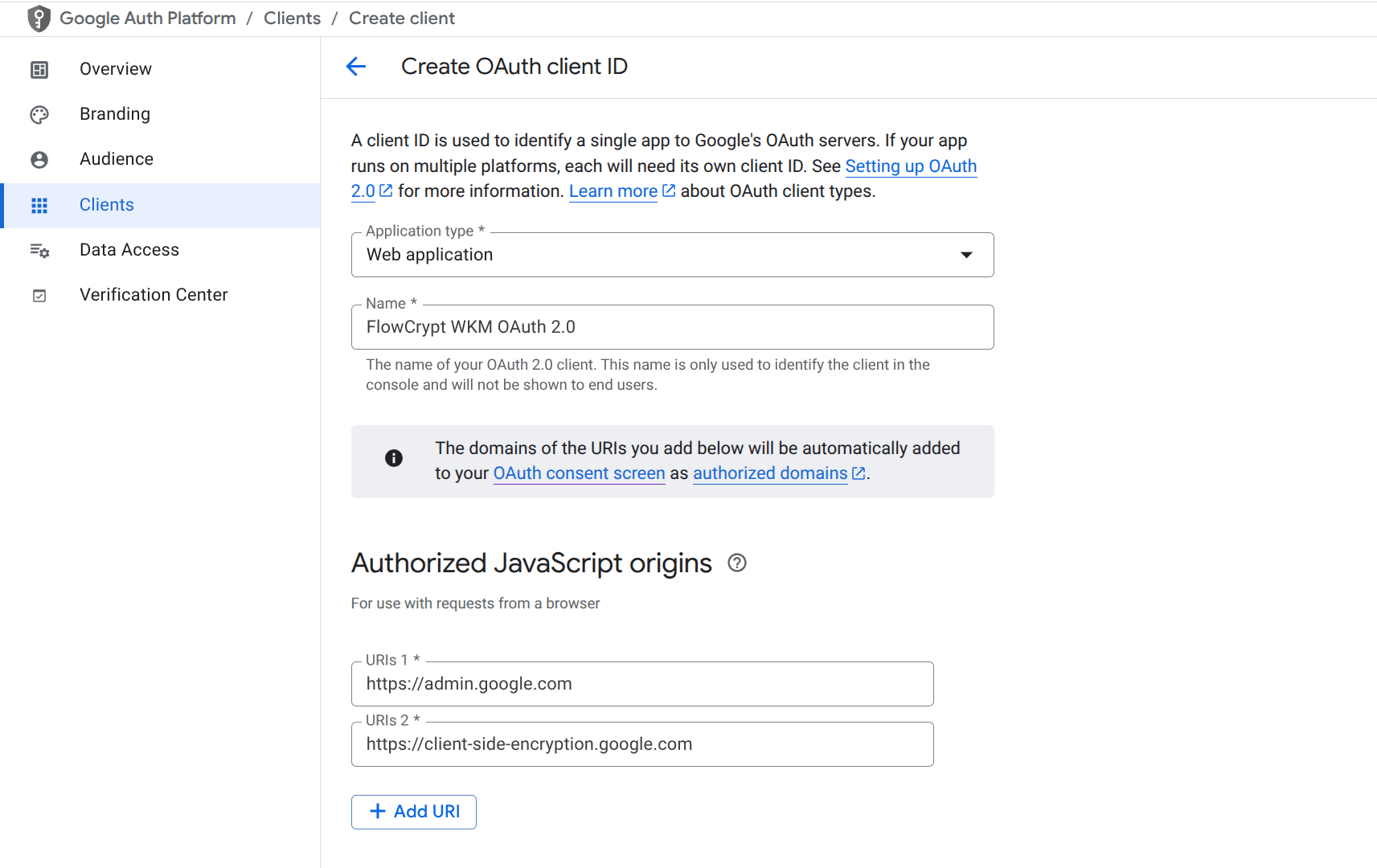 google cloud console 7 authorized origins