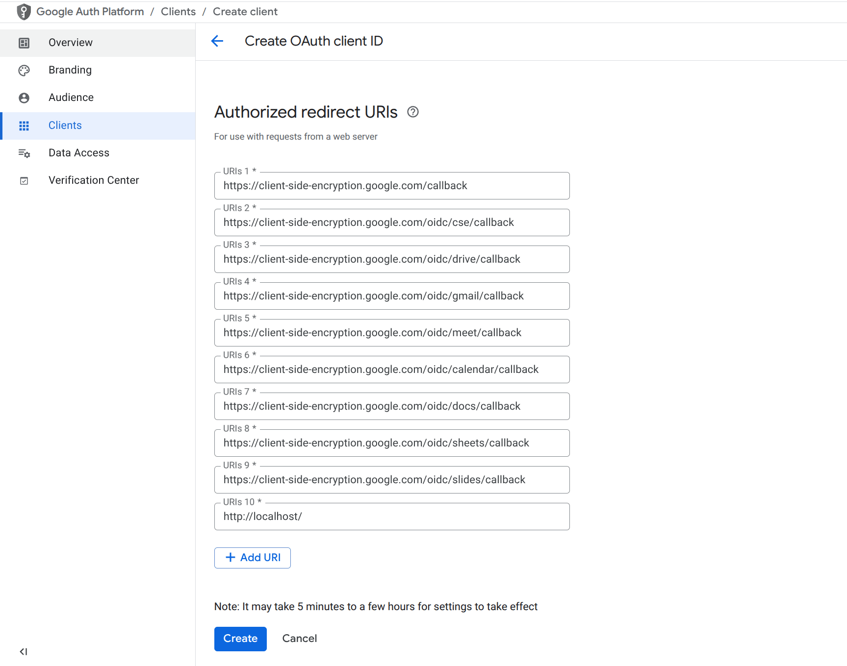 google cloud console 8 authorized redirect uris
