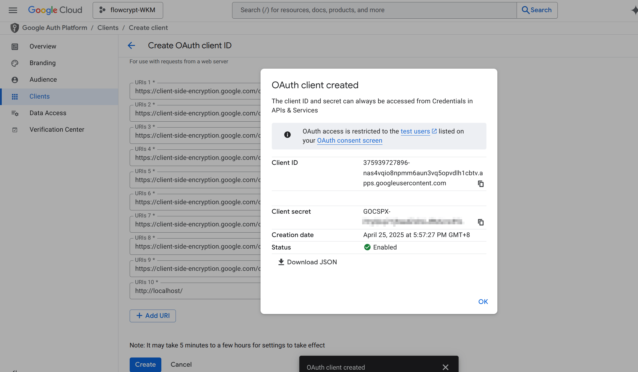 google cloud console 9 oauth client id created